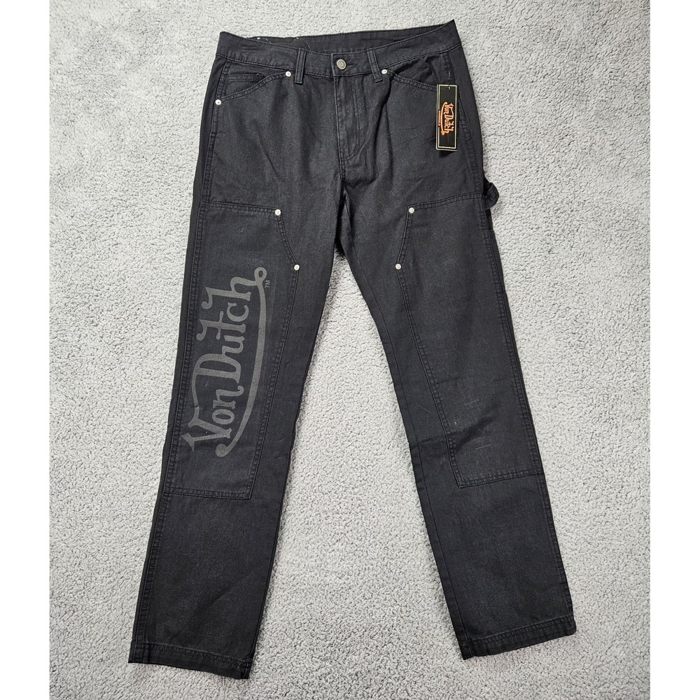 Von Dutch Originals Men's 32x32 Canvas Carpenter Pants Black Logo Patch Workwear
